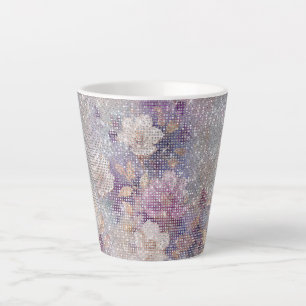 Caneca De Café Latte Floral Sparkle Purple Dourado Glam
