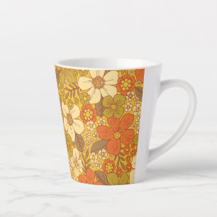 Caneca De Café Latte Floral Verde Laranja e Verde Oleícola, Retro 60/70