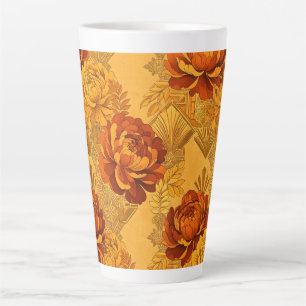Caneca De Café Latte Flores Abundantes Dourado Laranja Art Déco