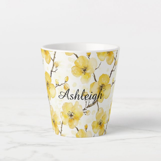 Caneca De Café Latte Flores Amarelas Douradas (Frente)