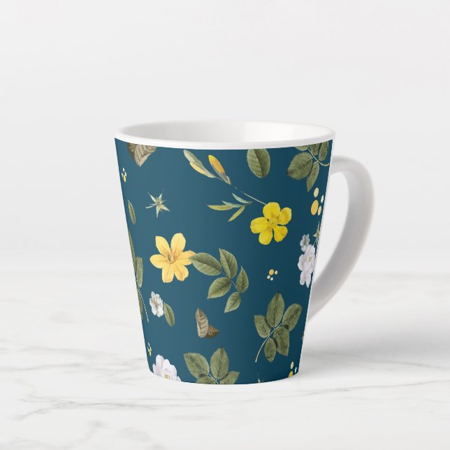 Caneca De Café Latte Flores Amarelas e Rosas Brancas (Ângulo direito)