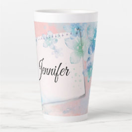 Caneca De Café Latte Flores Azuis bonito em Fundo Rosa