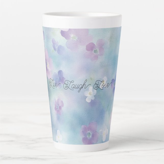 Caneca De Café Latte Flores Azuis Lavanda Brancas Roxas (Frente)