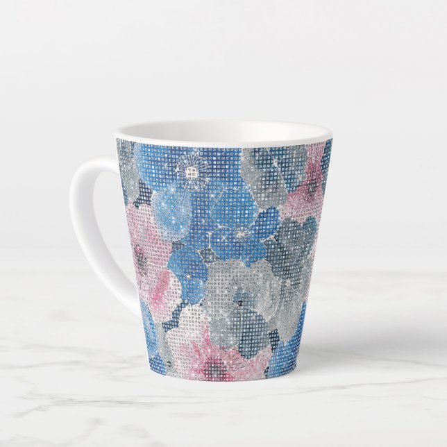 Caneca De Café Latte Flores Azuis Rosa Brilham (Ângulo esquerdo)
