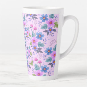 Caneca De Café Latte Flores Azuis-Rosa-Flor Violeta Padrão-36841