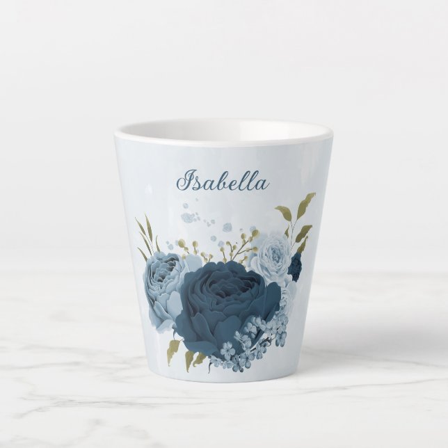 Caneca De Café Latte flores azul marinho claro (Frente)