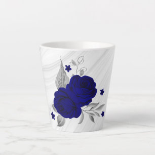 Caneca De Café Latte flores azul royal folhas de prata mármore