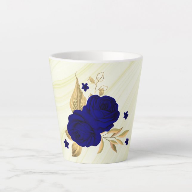 Caneca De Café Latte flores azul royal folhas douradas mármore (Frente)