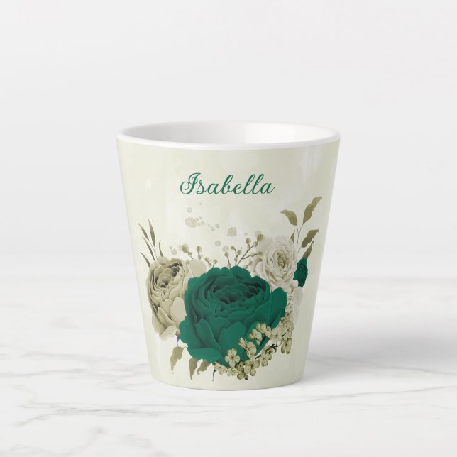 Caneca De Café Latte flores bege esmeralda verde  (Frente)