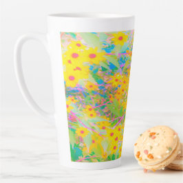 Caneca De Café Latte Flores bonito Amarelo e Vermelho com Turquesa