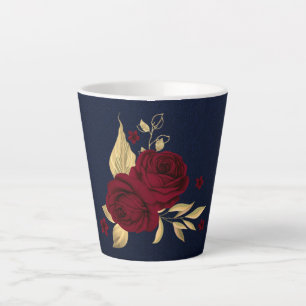 Caneca De Café Latte flores borgonha folhas douradas azul naval