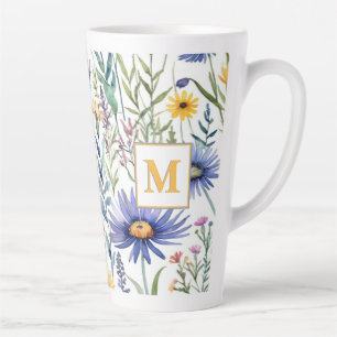 Caneca De Café Latte Flores Botânicas Florais Monogramas, Flores Selvag