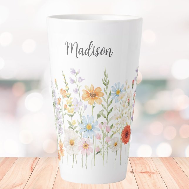 Caneca De Café Latte Flores Botânicas Florais Selvagens em Aquarela Mon (Criador carregado)