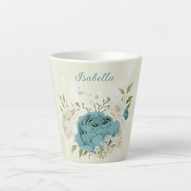 Caneca De Café Latte flores brancas azuis folhagem verde (Frente)