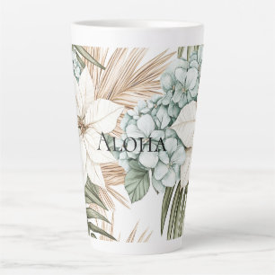 Caneca De Café Latte Flores Brancas Azuis Tropicais Casamento