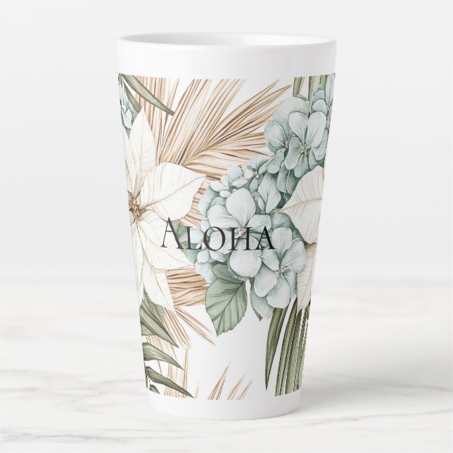 Caneca De Café Latte Flores Brancas Azuis Tropicais Casamento (Frente)