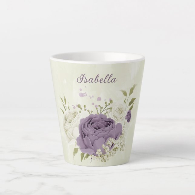 Caneca De Café Latte flores brancas cor de malva folhagem  (Frente)