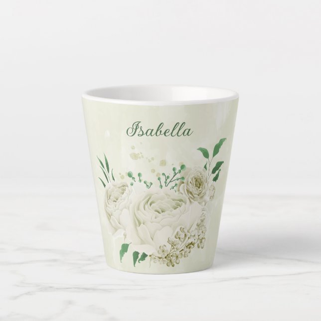 Caneca De Café Latte Flores brancas de marfim românticas com folhagens (Frente)