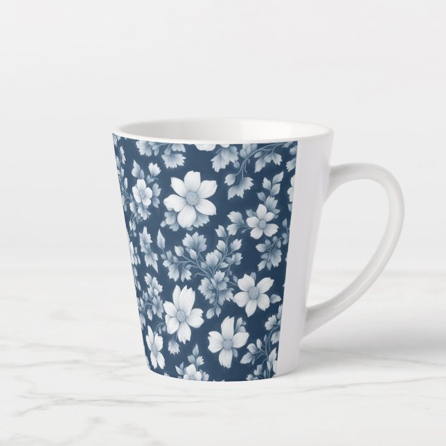 Caneca De Café Latte Flores brancas no azul escuro (Direita)