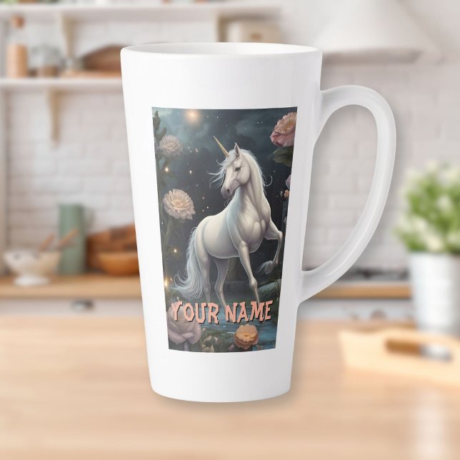 Caneca De Café Latte Flores Brancas Personalizadas do Unicórnio (Personalized White Unicorn Flowers Latte Mug)
