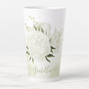 Caneca De Café Latte flores brancas românticas com folhas verdes bonito