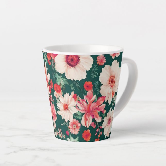 Caneca De Café Latte Flores Brancas Vibrantes, Vermelhas Rosa e Delicad (Ângulo direito)
