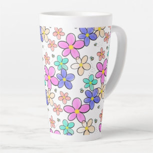 Caneca De Café Latte flores coloridas arco-íris brilhantes abelhões flo