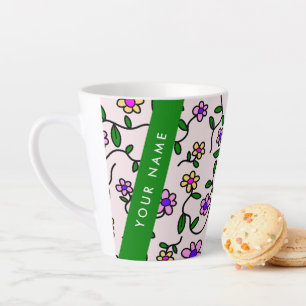 Caneca De Café Latte Flores Coloridas, Fundo Rosa, Verde