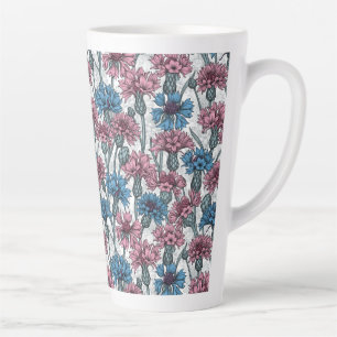 Caneca De Café Latte Flores cor-de-rosa e azuis, flores silvestres, bra