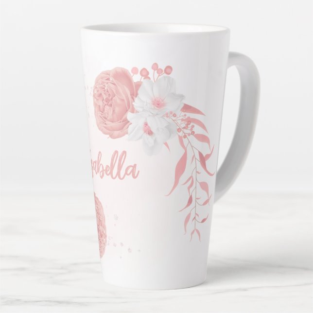 Caneca De Café Latte flores cor-de-rosa e brancas românticas (Ângulo direito)