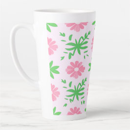 Caneca De Café Latte Flores cor-de-rosa e folhas verdes têm um padrão s