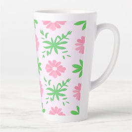 Caneca De Café Latte Flores cor-de-rosa e folhas verdes têm um padrão s