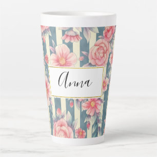 Caneca De Café Latte Flores de Aquarela Rosa em Stripes