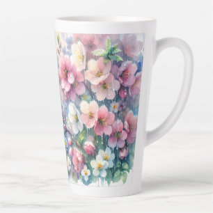 Caneca De Café Latte Flores de Chuva de Primavera Aquarela Cottagecore