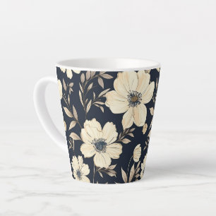 Caneca De Café Latte Flores de Creme Clássicas em Fundo Azul-Marinho Es