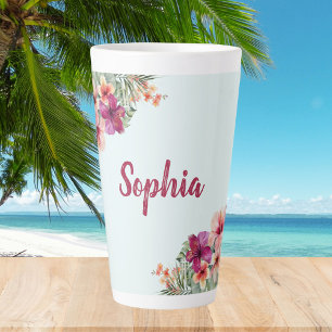 Caneca De Café Latte Flores de Hibisco Rosa Monograma Floral Tropical