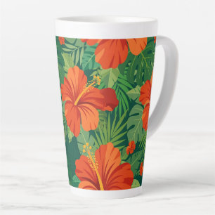 Caneca De Café Latte Flores de Hibisco Vermelho Laranja Verde Folhagem