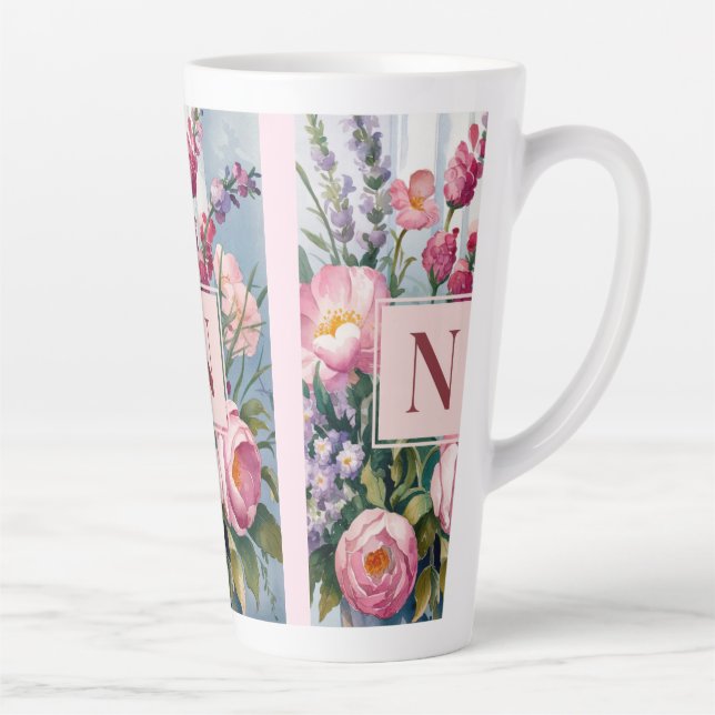 Caneca De Café Latte Flores de Lavanda Rosa Aquarela Moderna  (Direita)