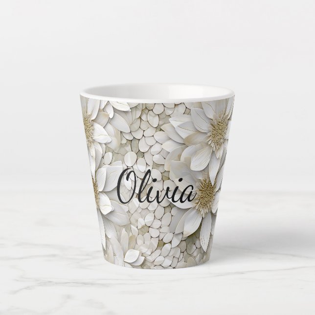 Caneca De Café Latte Flores de Lótus Brancas Douradas Personalizadas (Frente)