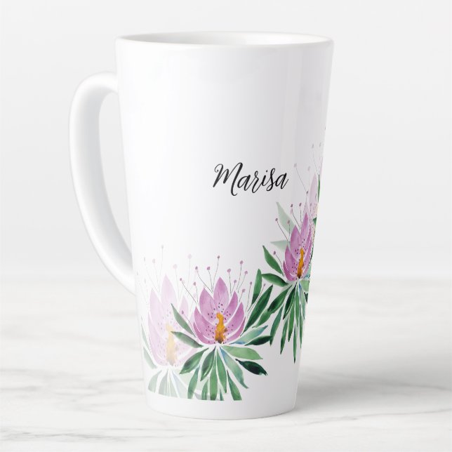 Caneca De Café Latte Flores de Lótus Florem Lilás Violeta Aquarela (Ângulo esquerdo)