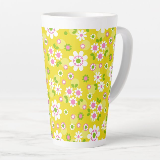 Caneca De Café Latte Flores de Mod Retro Amarelo e Branco (Ângulo direito)