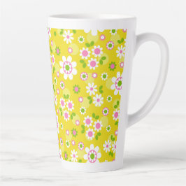 Caneca De Café Latte Flores de Mod Retro Amarelo e Branco