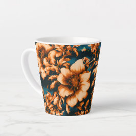 Caneca De Café Latte Flores de Ouro refinadas e luxuosas, folhas em azu