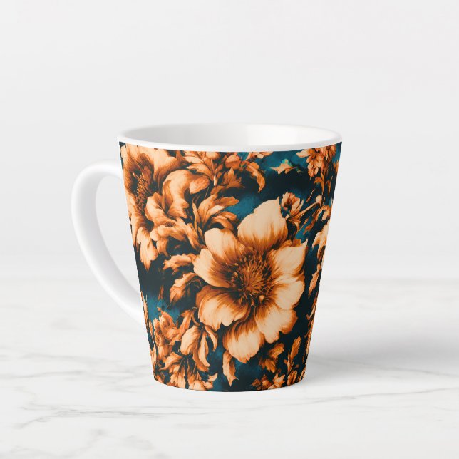 Caneca De Café Latte Flores de Ouro refinadas e luxuosas, folhas em azu (Ângulo esquerdo)
