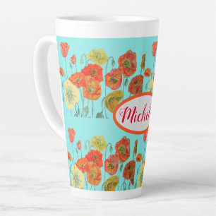 Caneca De Café Latte Flores De Papoila Laranja Aqua Aqua