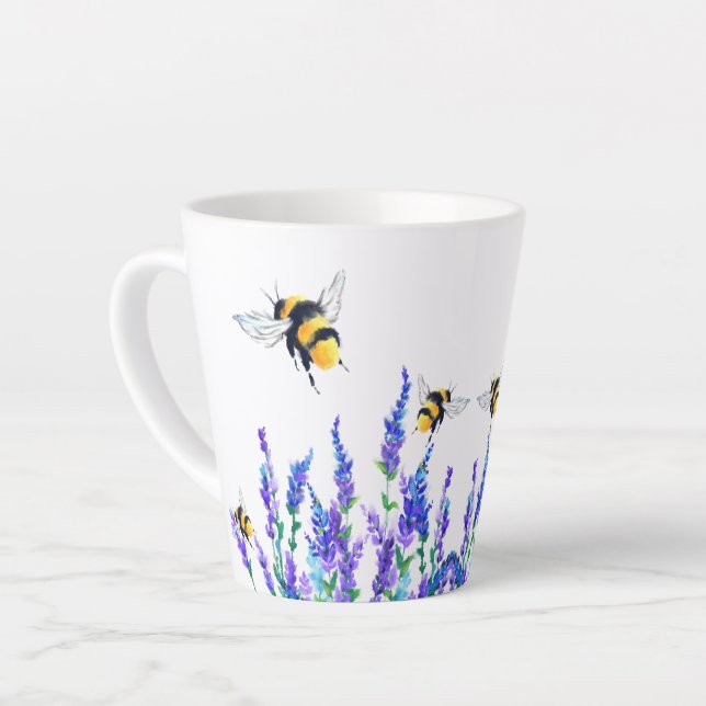 Caneca De Café Latte Flores de primavera e Abelhas Voando Mug - Pintura (Ângulo esquerdo)
