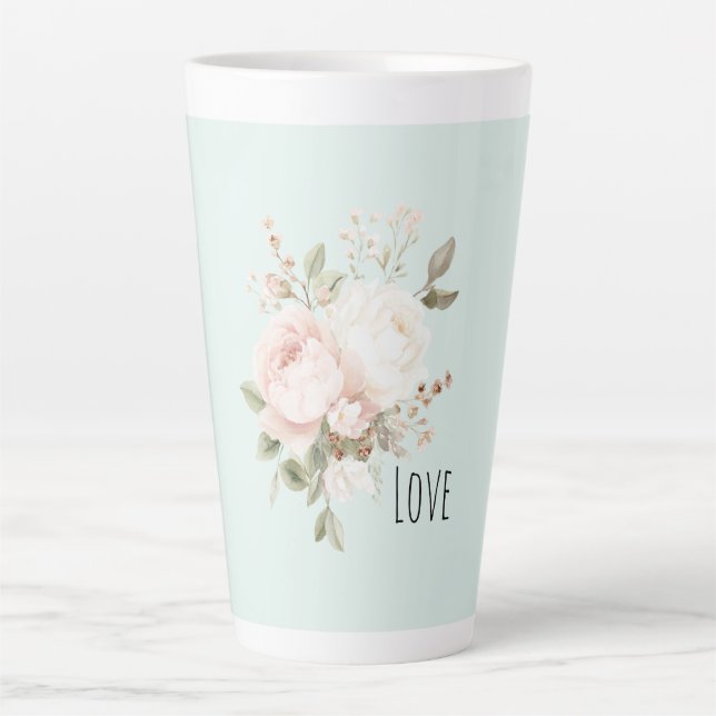 Caneca De Café Latte Flores de Rosa Branca Rosa Bege Menta (Frente)