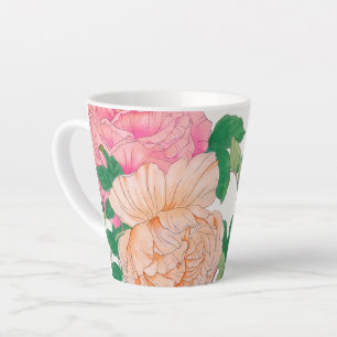 Caneca De Café Latte Flores de Rosa Rosa e Laranja Pálido