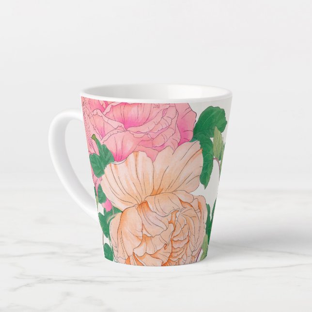 Caneca De Café Latte Flores de Rosa Rosa e Laranja Pálido  (Ângulo esquerdo)