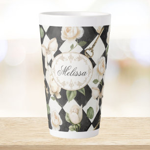 Caneca De Café Latte Flores de Rosa Vintage Monograma Diamante Preto Br